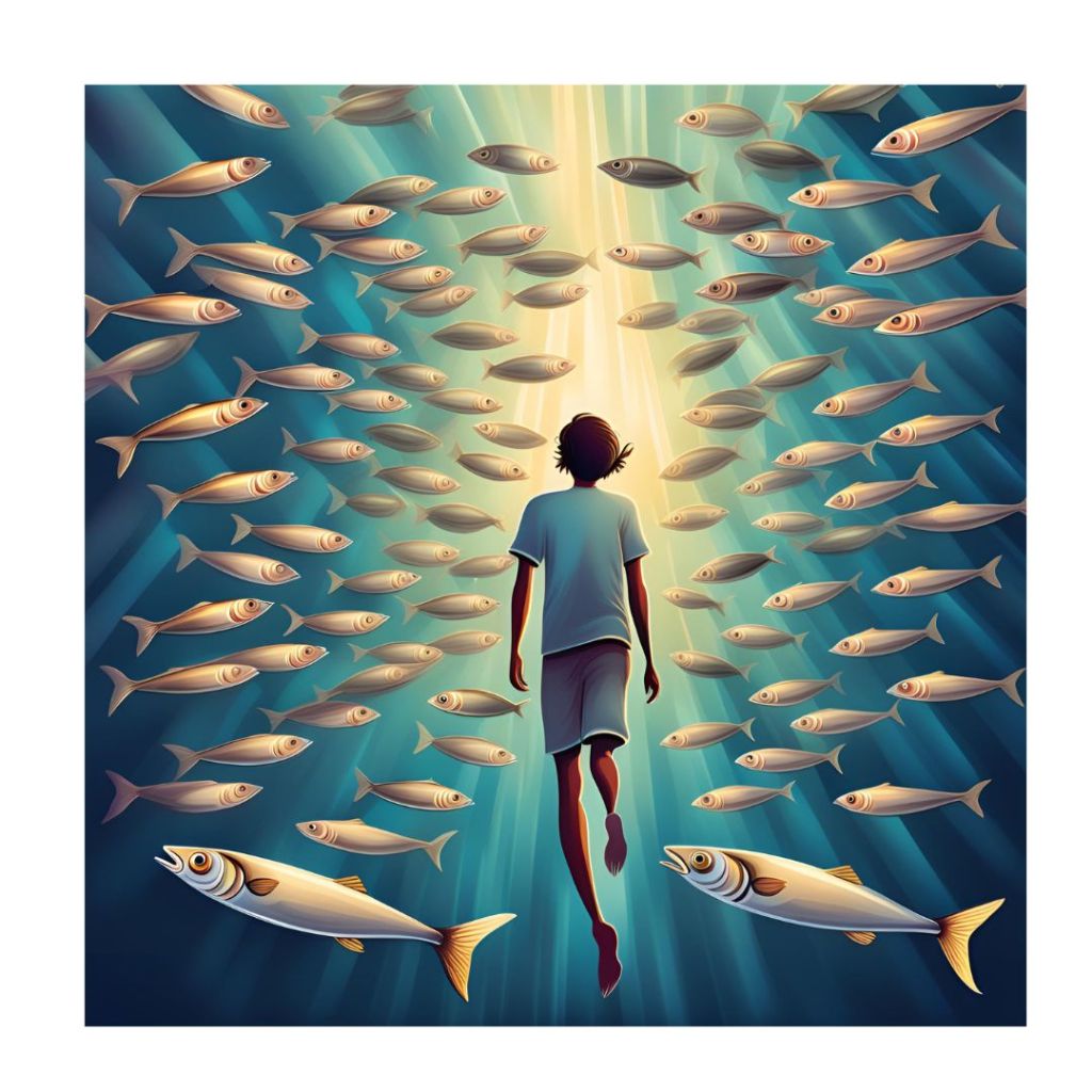 El chico que no logró ser una sardina. Imagen generada por IA en canva.com